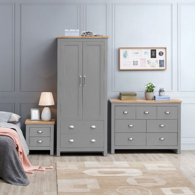 Timber Art Design UK 3 Piece Bedroom Furniture Set Wardrobe 3 Chest Drawers Bedside White & Grey 