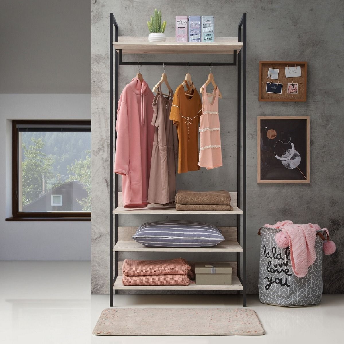 Open Wardrobe With 4 Shelves, Oak Closet Shelving